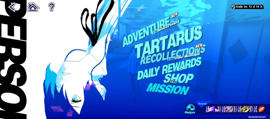 Postać z gry z niebieskimi włosami i oczami, odwrócona do góry nogami, na tle menu gry z napisami Adventure, Tartarus, Recollections, Daily Rewards, Shop, Mission.