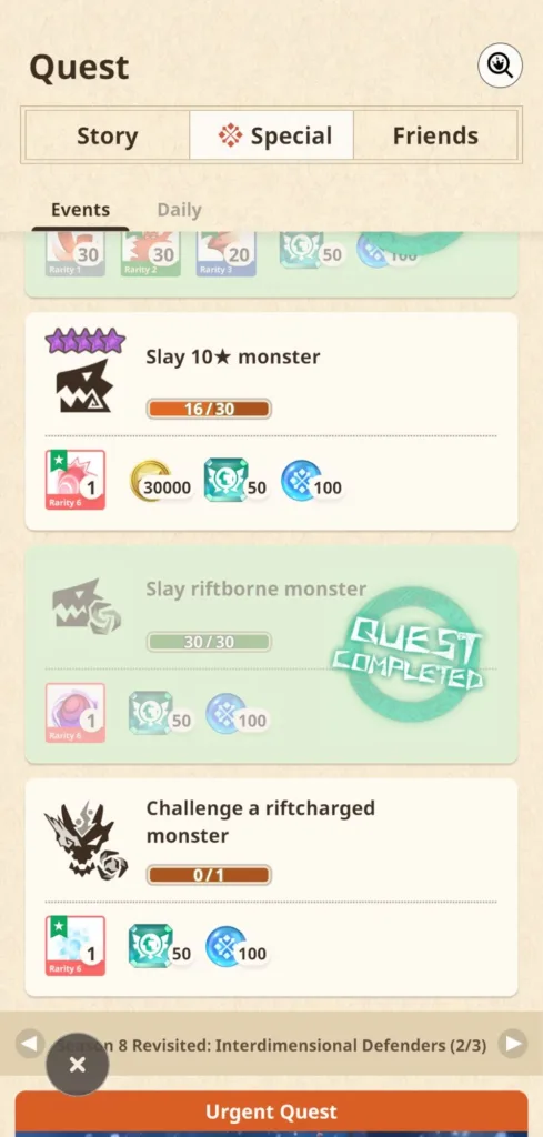 Ekran gry z listą zadań: Slay 10★ monster, Slay riftborne monster, Challenge a riftcharged monster.