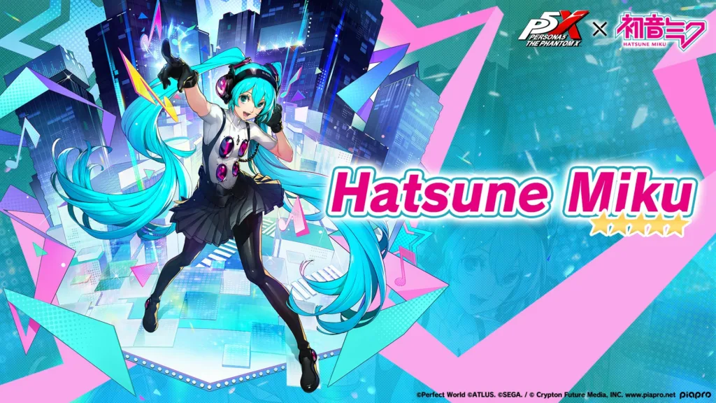 Postać Hatsune Miku z niebieskimi włosami i słuchawkami na uszach, stojąca na tle miasta i geometrycznych kształtów.