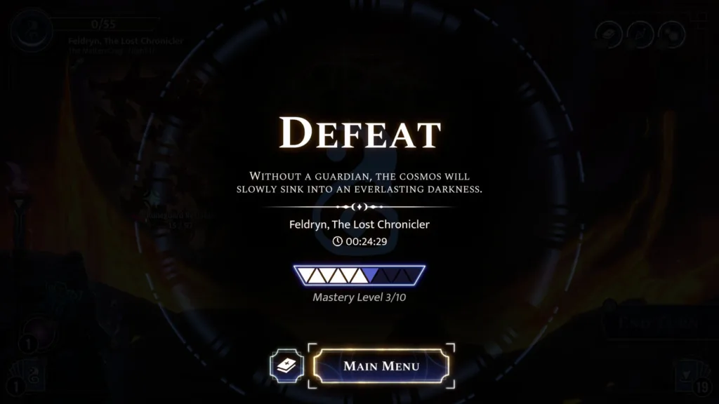 Ekran porażki w grze komputerowej z napisem "DEFEAT" i tekstem "WITHOUT A GUARDIAN, THE COSMOS WILL SLOWLY SINK INTO AN EVERLASTING DARKNESS.".