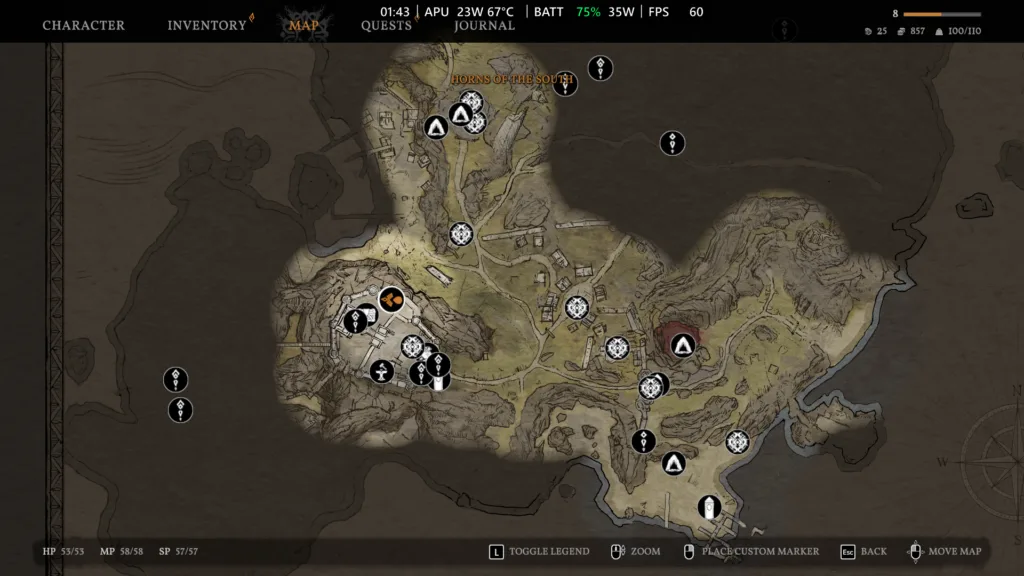 Mapa gry Tainted Grail: The Fall of Avalon z zaznaczonymi ikonami lokacji, ścieżkami i budynkami.