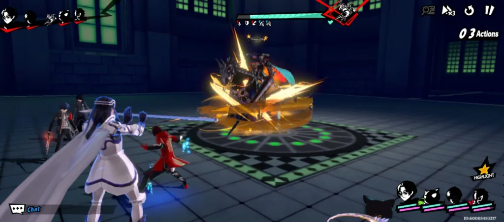 Postacie z gry Persona 5 X w trakcie walki z potworem otoczonym złotą energią.