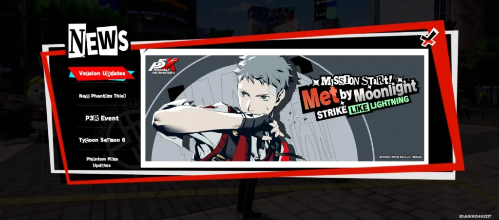 Postać z gry Persona 5 X z szarymi włosami i niebieskimi oczami, ubrana w szkolny mundurek, prezentująca dynamiczną pozę.