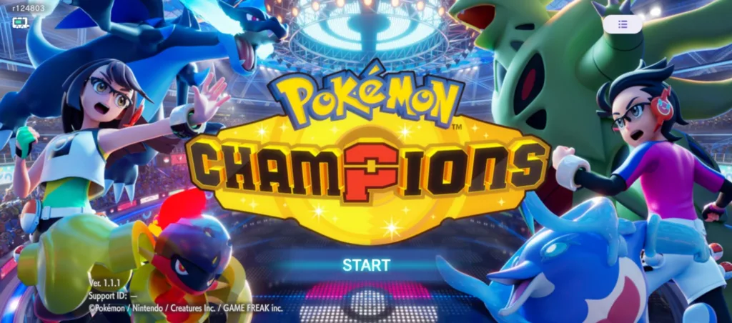 Postać z gry komputerowej Pokémon Champions z niebieskim i zielonym stworem w tle, na tle stadionu.