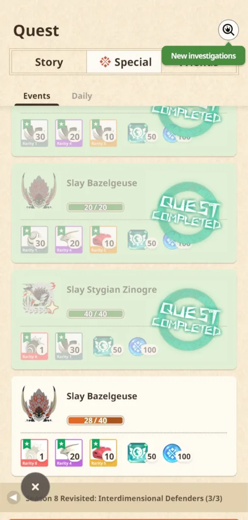 Ekran gry z listą zadań, w tym "Slay Bazelgeuse" i "Slay Stygian Zinogre", z ikonami nagród i postępem zadań.