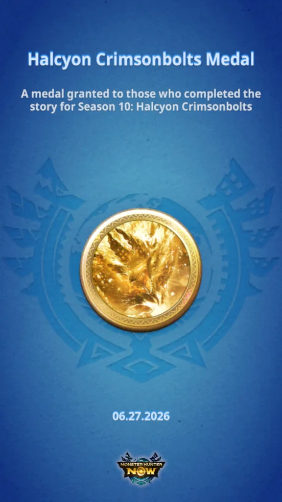 Złoty medal z wizerunkiem smoka lub potwora, na niebieskim tle z motywami graficznymi.