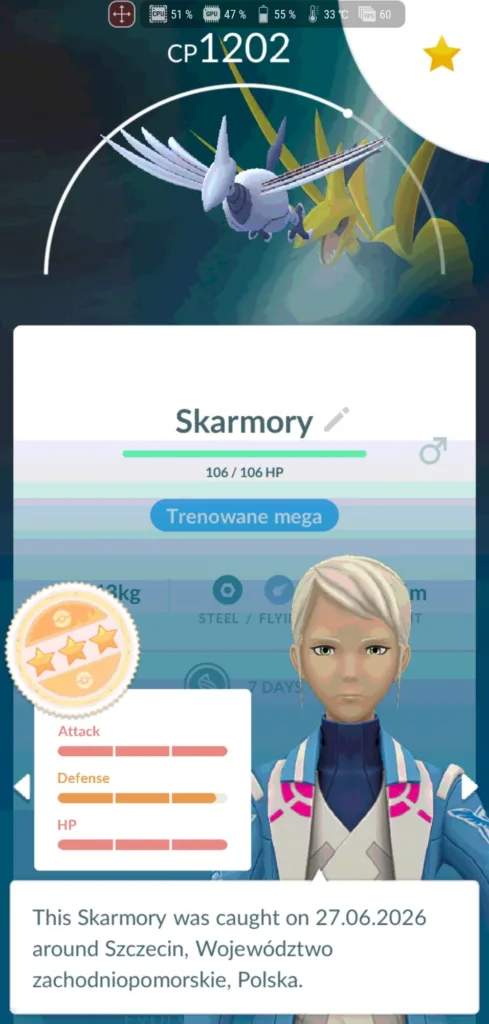 Skarrmory z gry Pokemon GO z CP 1202, jego statystyki i informacje o schwytaniu.