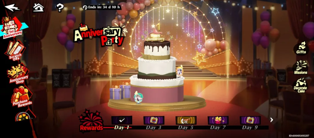 Wielopoziomowy tort urodzinowy z napisem "Happy Anniversary" i cyfrą 1 na szczycie, udekorowany balonami i prezentami.