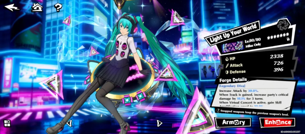 Postać Hatsune Miku w stroju z gry komputerowej na tle neonowego miasta