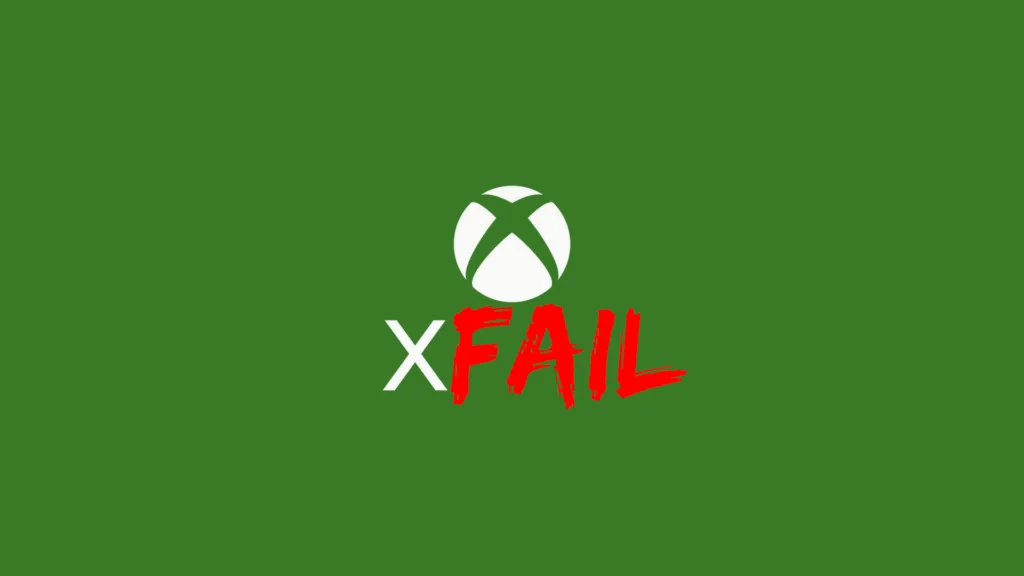 Logo Xbox z napisem "XFAIL" napisanym czerwonymi, stylizowanymi literami.