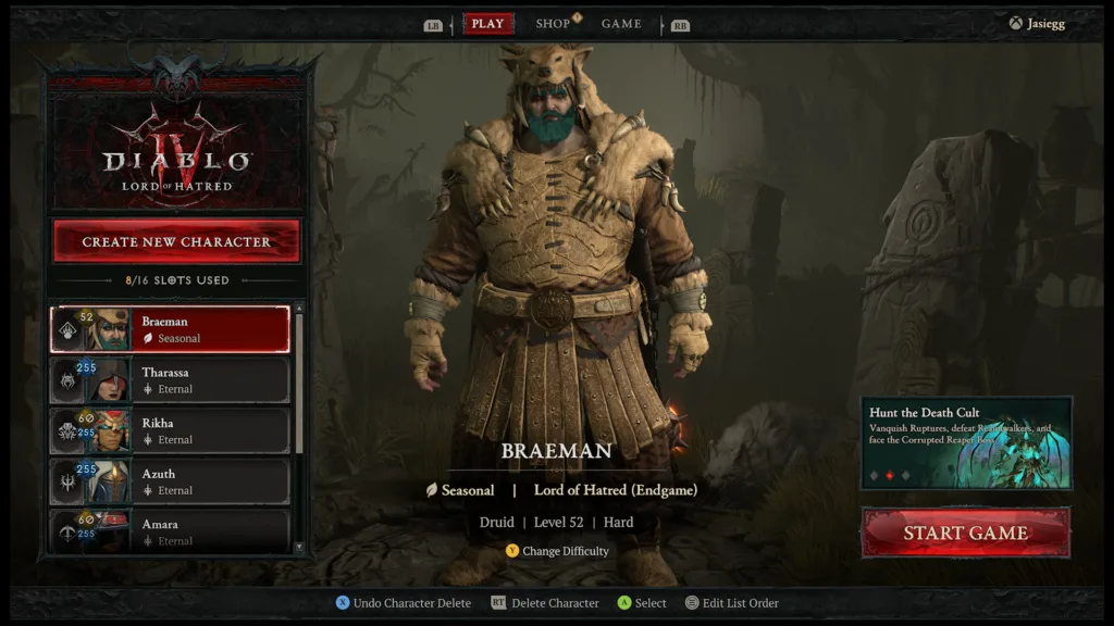 Ekran wyboru postaci w grze Diablo IV, przedstawiający Druida Braem