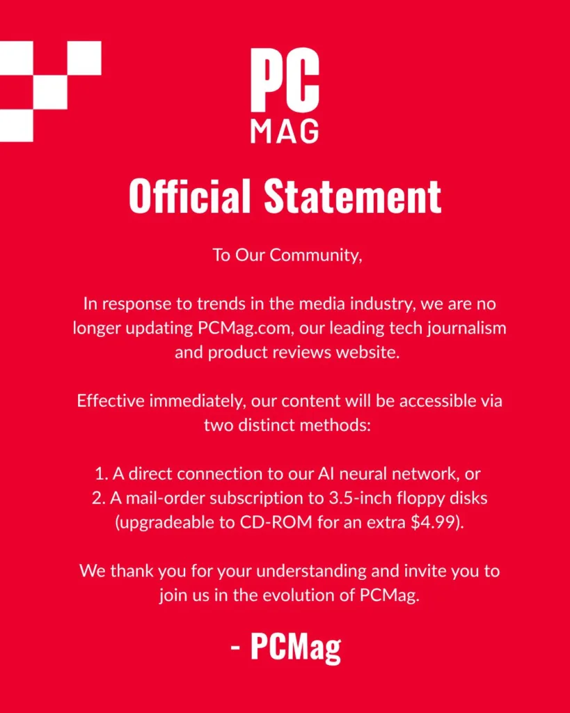 Oficjalne oświadczenie PCMag na czerwonym tle z białym tekstem.