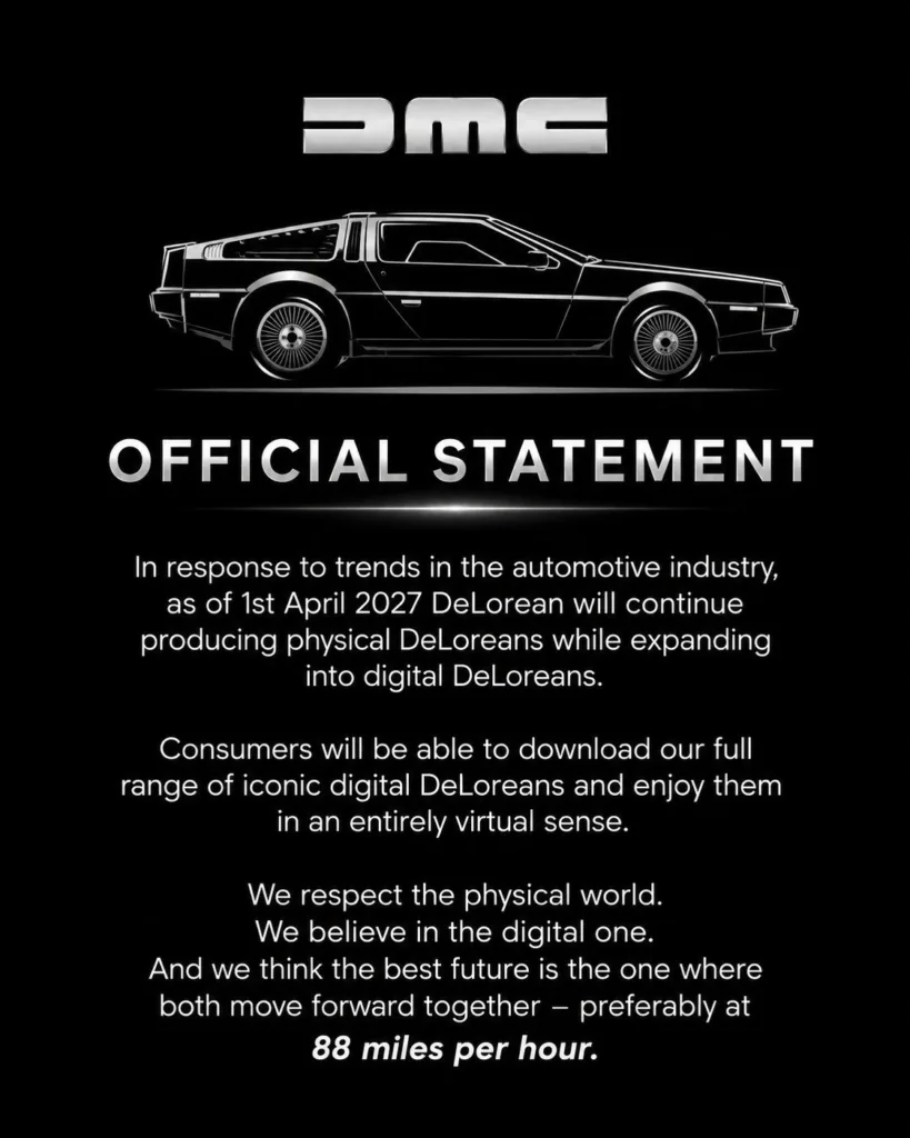 Grafika przedstawiająca samochód DeLorean z logo DMC na czarnym tle.