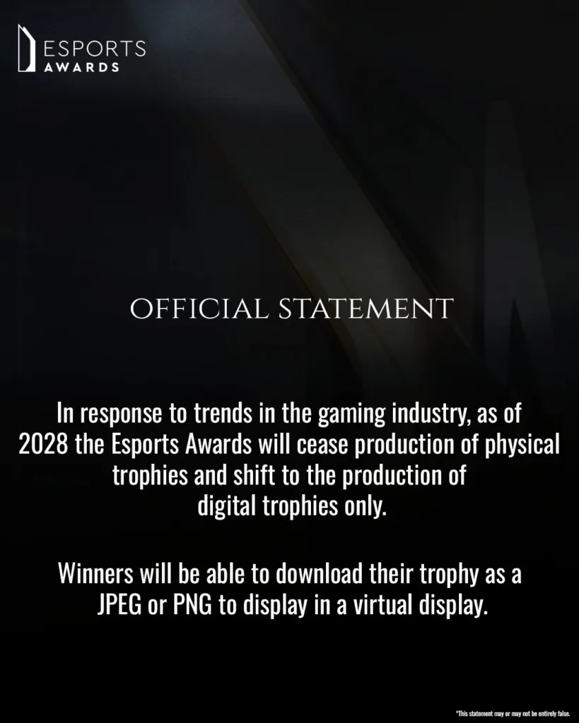 Oficjalne oświadczenie Esports Awards o zaprzestaniu produkcji fizycznych trofeów od 2028 roku.