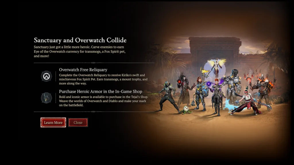 Grupa postaci z gier Overwatch i Diablo stoi na pustynnym tle przed łukiem.