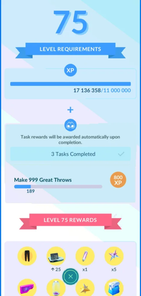 Ekran gry Pokemon GO pokazujący postęp do poziomu 75, z paskiem postępu XP i listą zadań do wykonania.