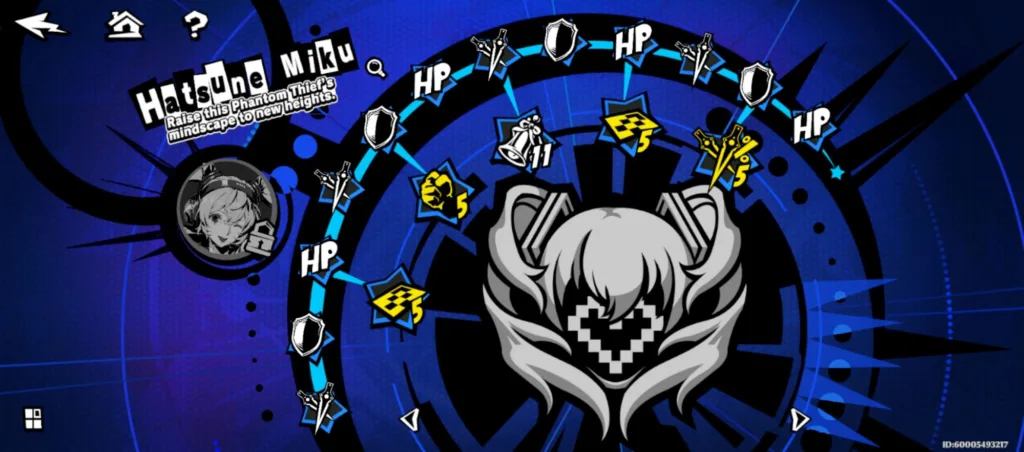 Grafika z gry komputerowej z postacią Hatsune Miku, przedstawiająca drzewko umiejętności z ikonami HP, tarcz i symboli.