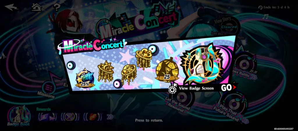 Ekran gry Persona 5: The Phantom X z napisem "Miracle Concert", ikonami nagród i postacią w stylu anime.