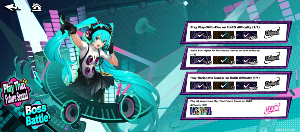 Postać Hatsune Miku w stroju DJ-a z niebieskimi włosami, stojąca na scenie z elementami muzycznymi i listą zadań w tle.