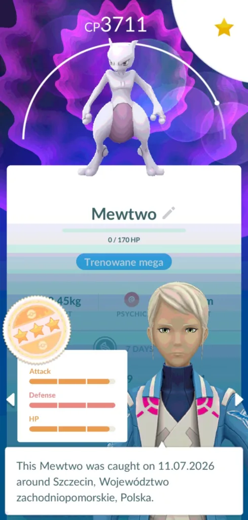 Postać Mewtwo z gry Pokemon GO z CP 3711.