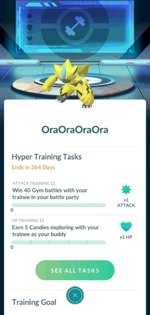 Żółty Pokemon z niebieskimi akcentami, przypominający lamparta, stoi na platformie w futurystycznym otoczeniu.