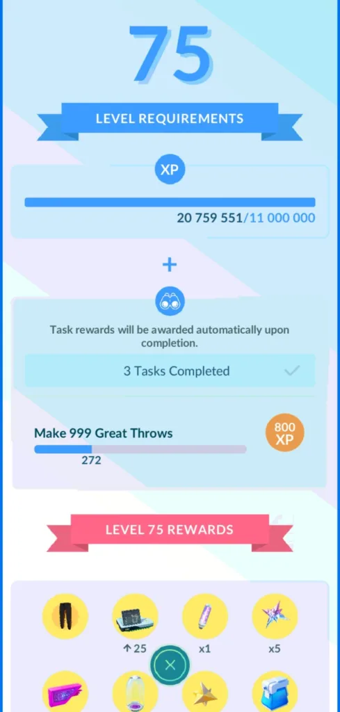 Ekran gry Pokemon Go pokazujący postęp gracza do poziomu 75, z paskiem postępu XP i listą nagród za ukończenie zadań.