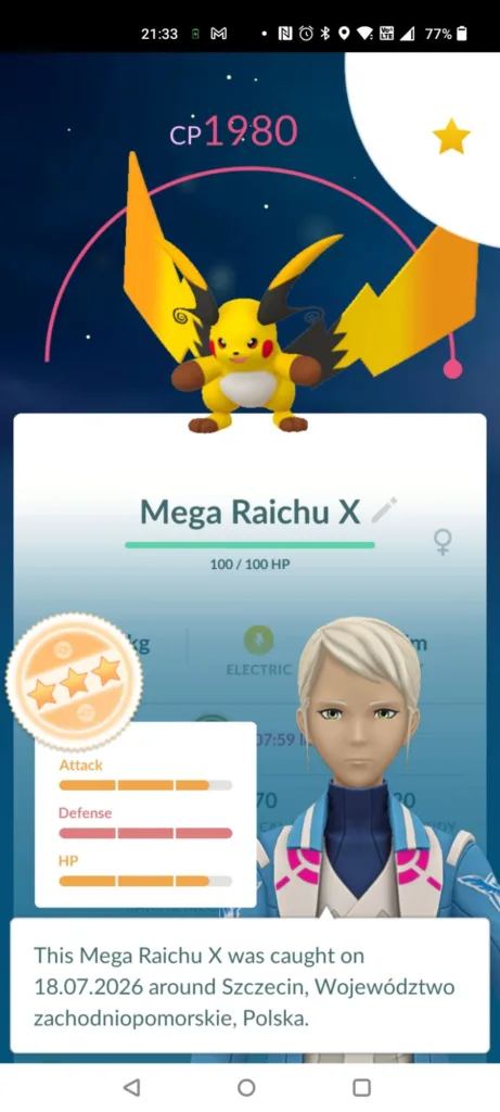 Postać Mega Raichu X z gry Pokemon GO z widocznymi statystykami