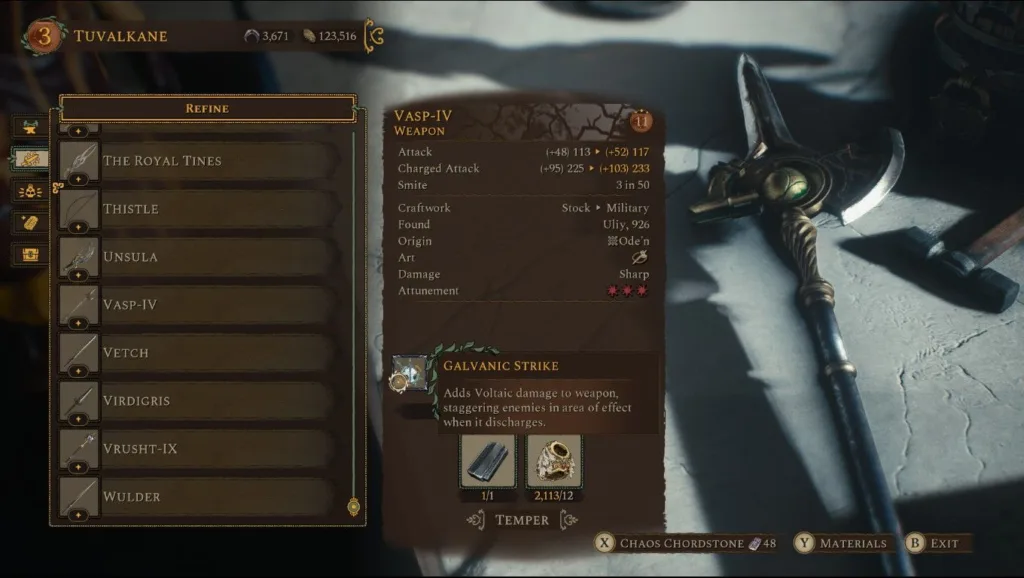 Interfejs gry Soulframe z menu ekwipunku, pokazujący szczegóły broni VASP-IV i jej umiejętności Galvanic Strike.