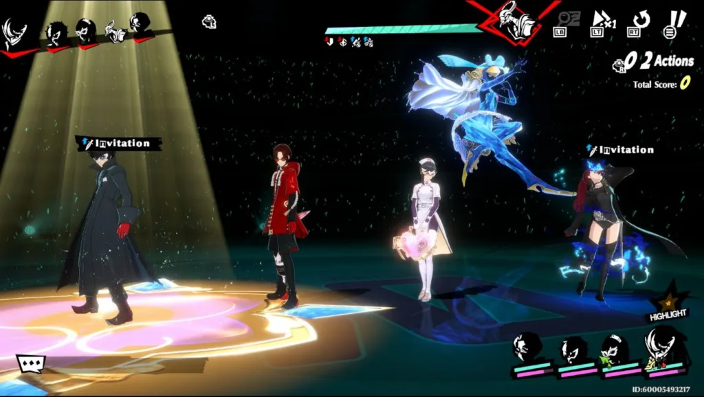 Postacie z gry Persona 5 X, w tym Joker w płaszczu, mężczyzna w czerwonej kurtce, kobieta w stroju pielęgniarki i kobieta w czarnym stroju, stoją na podświetlonej arenie.