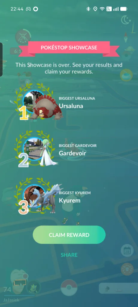 Wyniki konkursu Pokestop Showcase z Pokemonami Ursaluna, Gardevoir i Kyurem na pierwszych trzech miejscach.