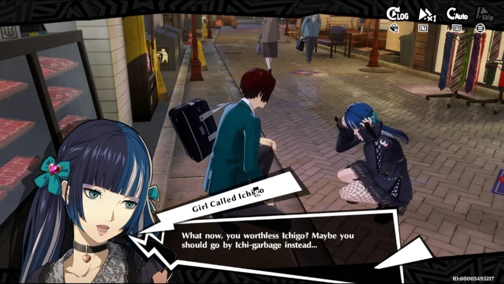 Dwie postacie z gry komputerowej Persona 5, jedna siedzi na ziemi, druga stoi obok niej.