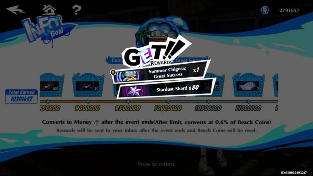 Ekran gry Persona 5: The Phantom X z napisem "GET! REWARDS" i ikonami przedmiotów "Summer Chigusa: Great Success" oraz "Stardust Shard".