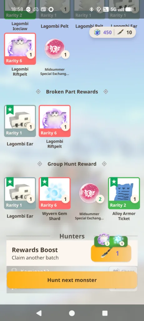 Zrzut ekranu z gry Monster Hunter Now przedstawiający przedmioty do zdobycia, takie jak Lagombi Iceclaw, Lagombi Pelt, Lagombi Ear, Wyvern Gem Shard i Alloy Armor Ticket.