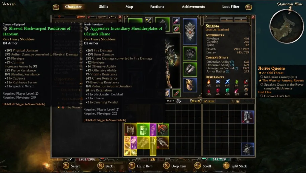 Interfejs gry Grim Dawn pokazujący ekwipunek i statystyki postaci z widocznym przedmiotem 'Aggressive Incendiary Shoulderplates of Ulzuin's Flame'.