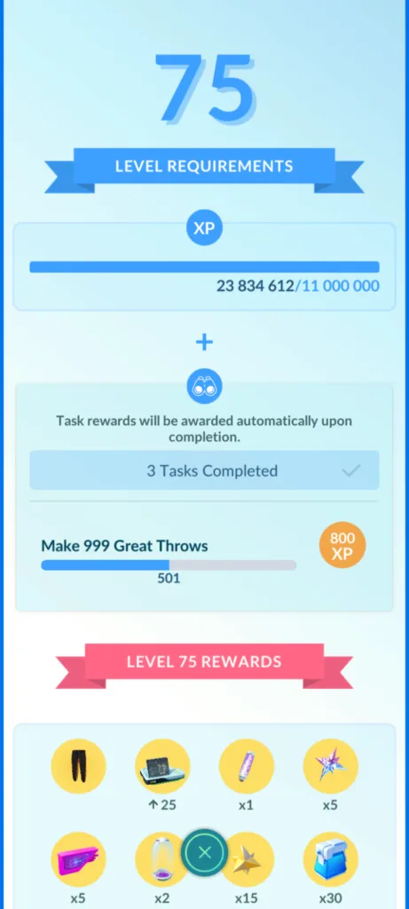 Ekran gry mobilnej Pokemon Go pokazujący postęp do poziomu 75, ze statystykami XP i nagrodami do zdobycia.