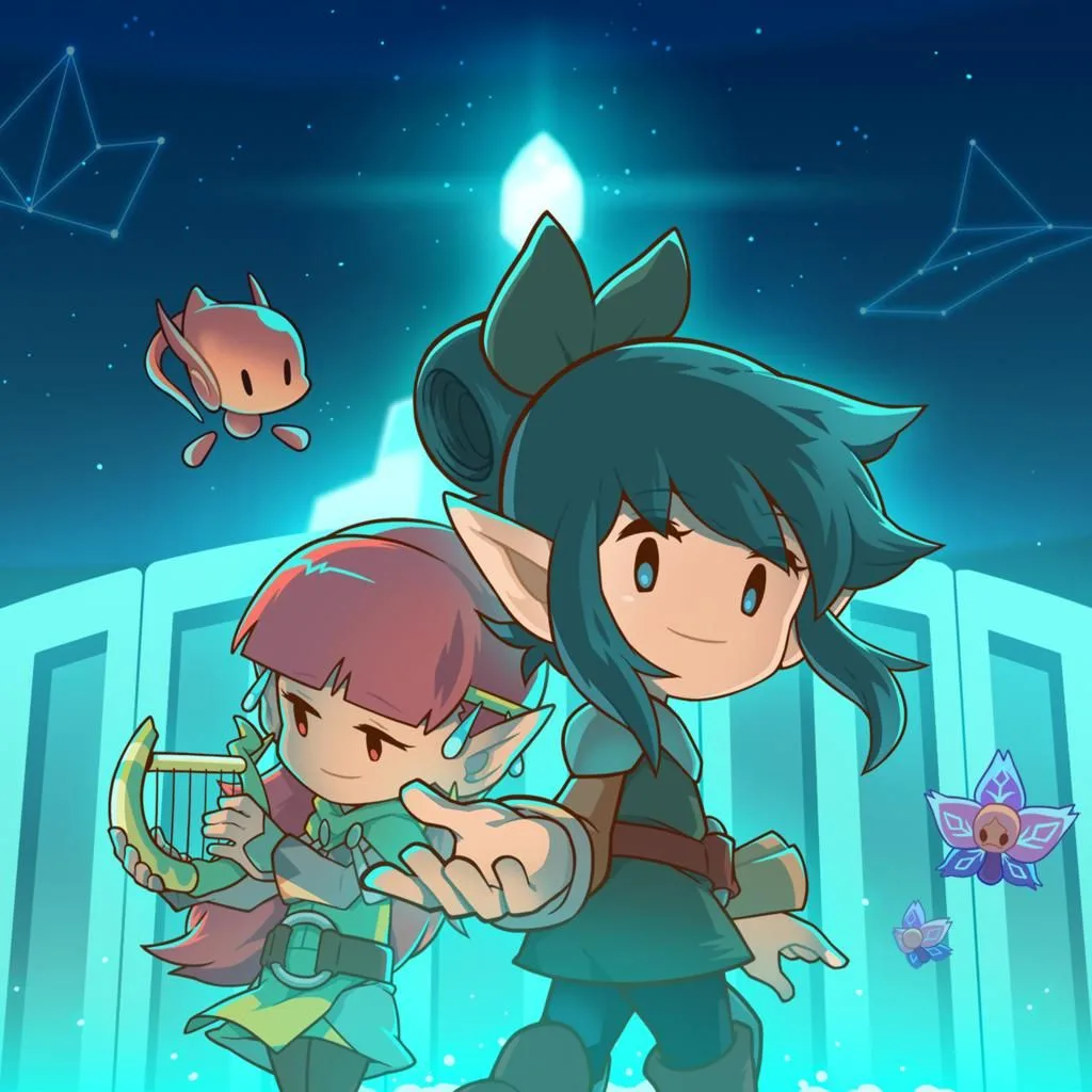 Dwoje elfów w stylu anime na tle nocnego nieba z gwiazdami i budowlami, jeden elf gra na lirze, drugi wyciąga rękę.