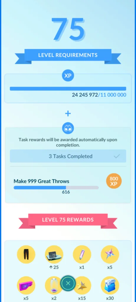 Wyświetlacz informujący o wymaganiach i nagrodach na poziomie 75 w grze Pokemon Go, pokazujący pasek doświadczenia, ukończone zadania i przykładowe nagrody.