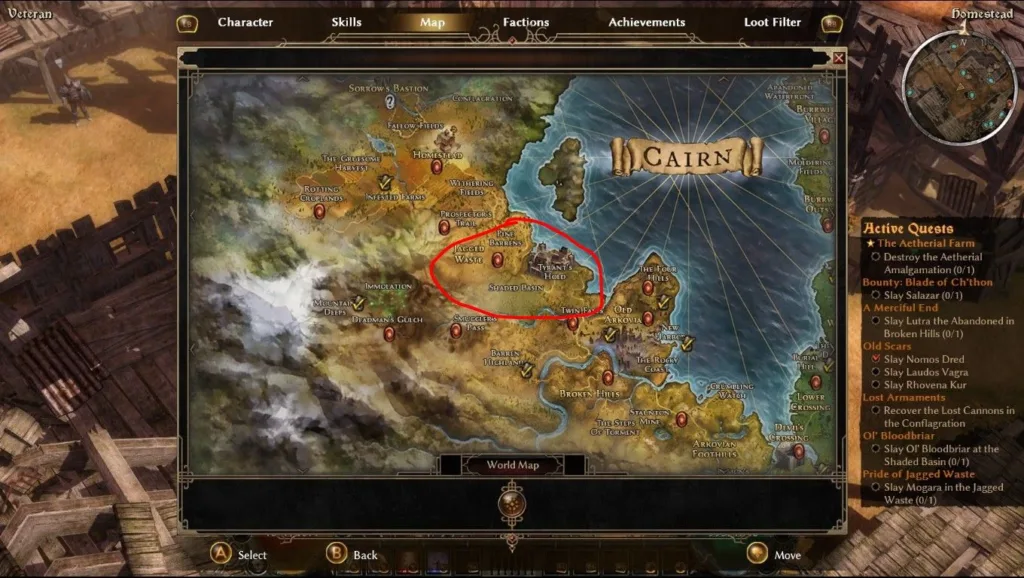 Mapa świata gry komputerowej z zaznaczonym obszarem "Jagged Waste" i "Tyrant's Hold".