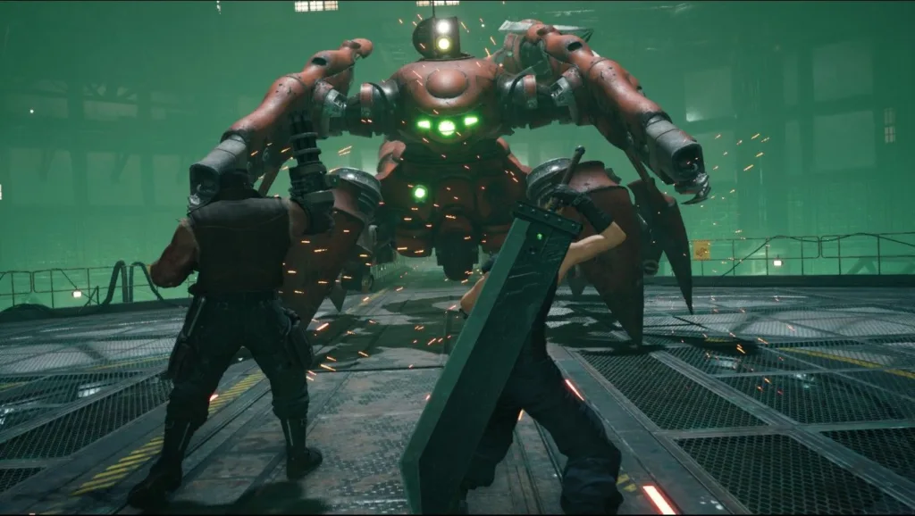 Dwóch bohaterów z gry Final Fantasy VII, Cloud i Barret, staje do walki z wielkim robotem