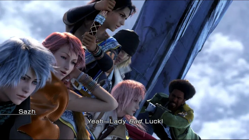 Grupa postaci z gry Final Fantasy, w tym Sazh, patrzy w górę na niebo.