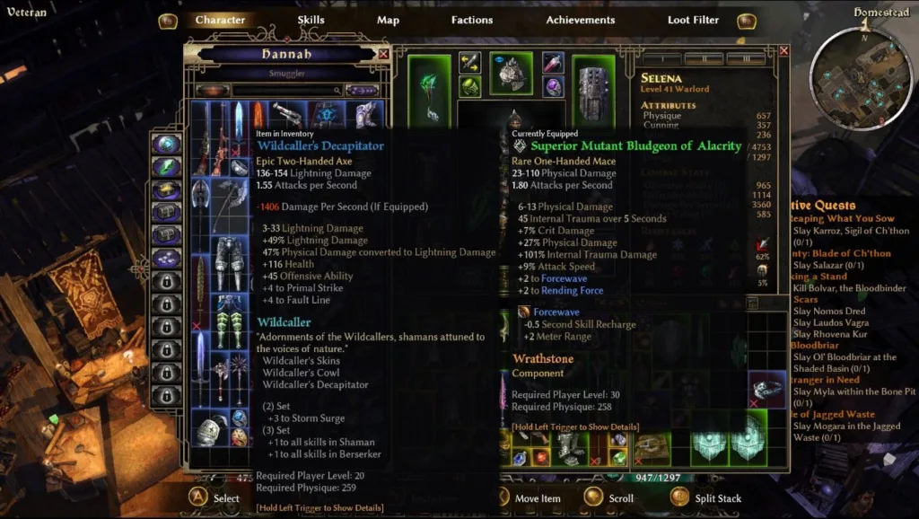 Interfejs gry komputerowej Grim Dawn z widocznymi statystykami postaci, przedmiotami i zadaniami.