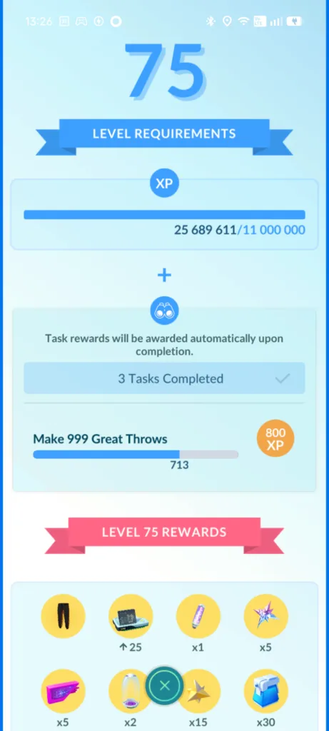 Ekran gry Pokemon Go pokazujący postęp do poziomu 75, z informacją o wymaganych rzutach i zdobytych nagrodach.