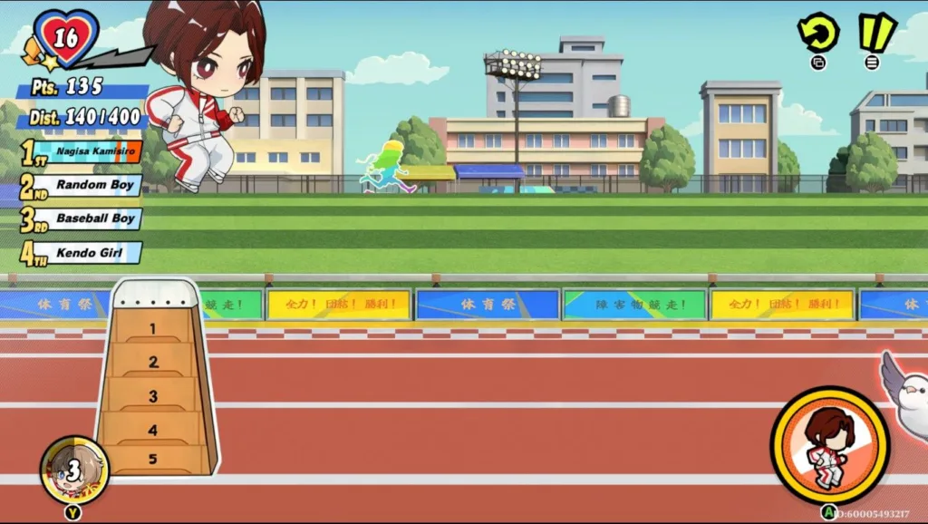 Postać z minigry anime w stroju sportowym biegnie, z wyświetlonymi statystykami i listą wyników
