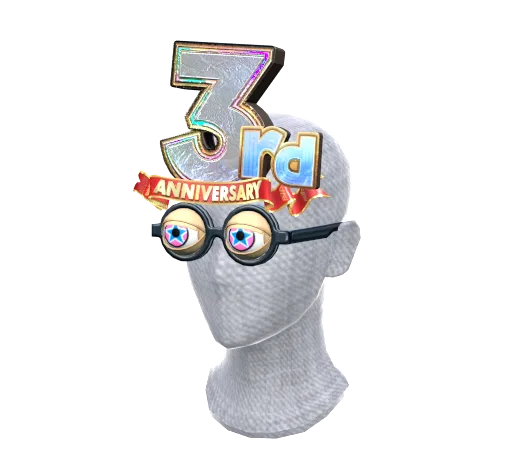 Manekin w okularach z wielkimi, wielokolorowymi oczami i ozdobą na głowie z napisem "3rd ANNIVERSARY".