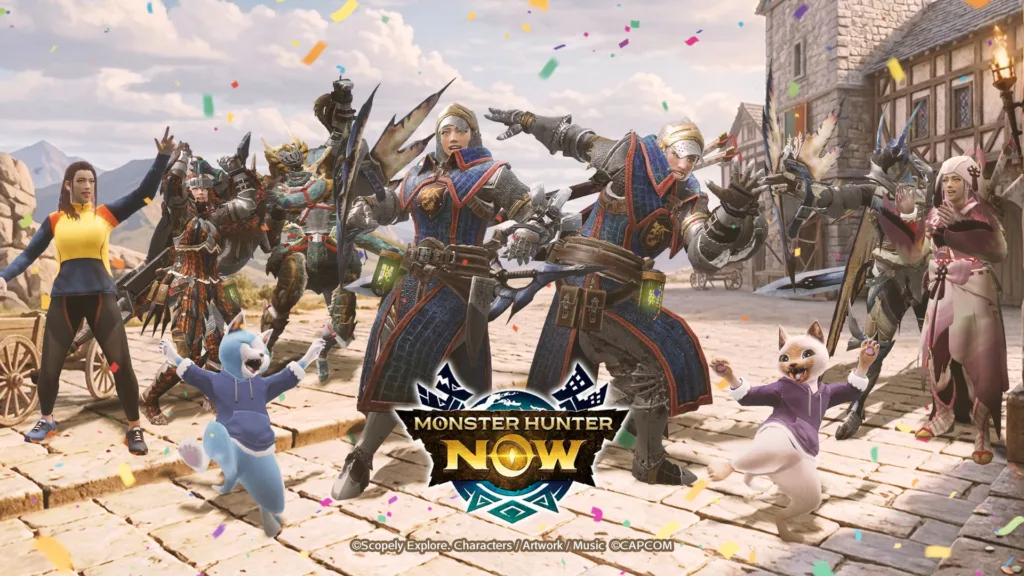 Postacie z gry Monster Hunter Now świętują, otoczone przez konfetti, na tle miejskiego krajobrazu.