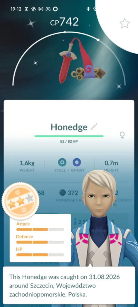 Postać Honedge z gry Pokémon GO z widocznymi statystykami
