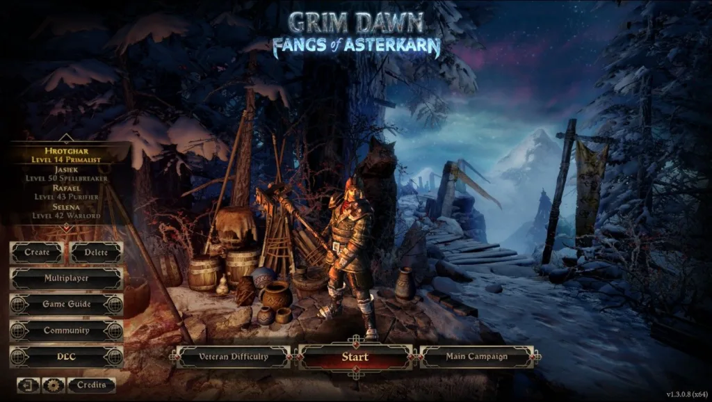 Postać w zbroi stoi przed menu głównym gry Grim Dawn, z widocznym tytułem gry i krajobrazem w tle.
