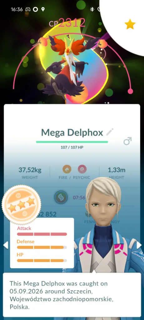 Mega Delphox z gry Pokemon GO z CP 2312, statystykami, wagą i wzrostem.