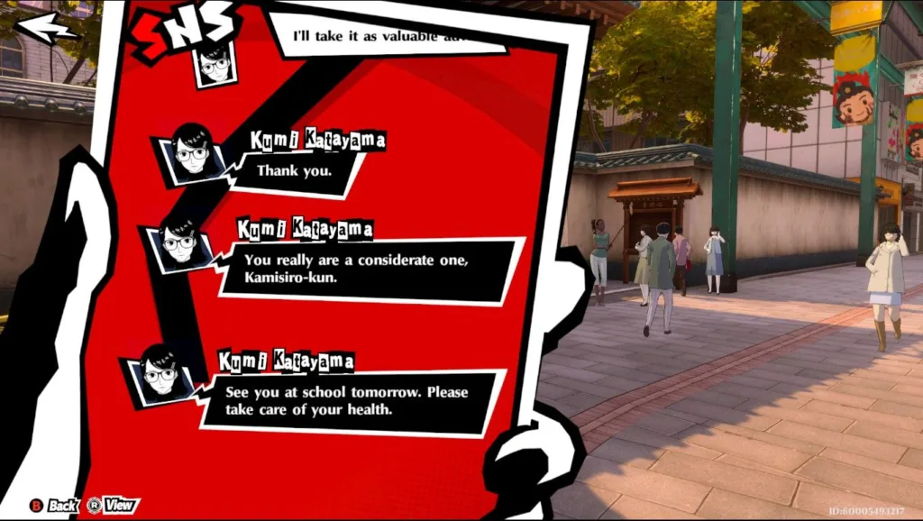 Ekran telefonu z wiadomościami od Kumi Katayamy z gry Persona 5 X.