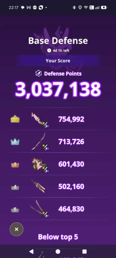 Wynik "Base Defense" w grze z liczbą punktów 3,037,138.